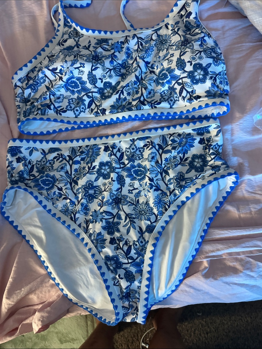 Amazon Essentials Blue and White Floral High-Waist Bikini Set